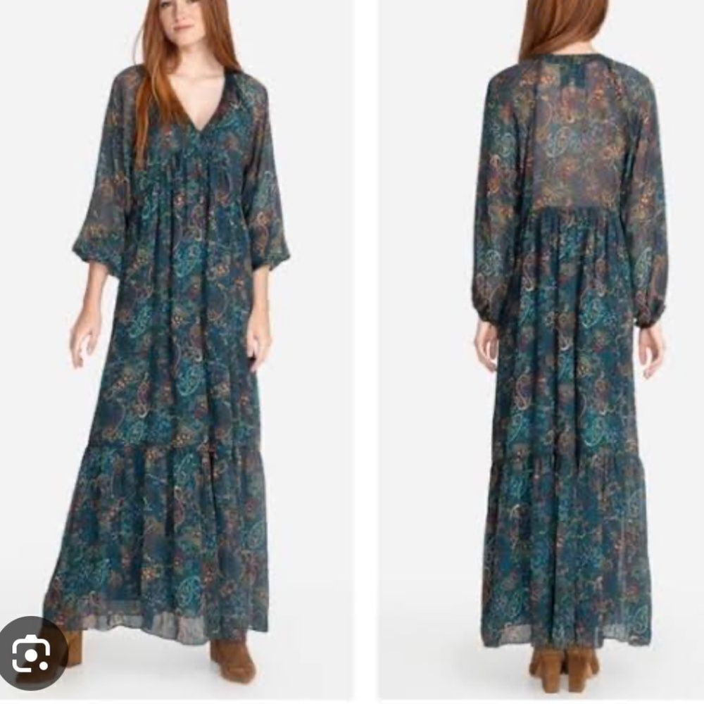 Johnny Was Teal & Navy Paisley Tiered Maxi Dress